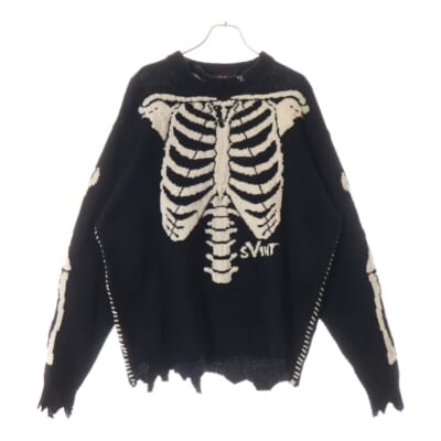22AW ×VLONE KNIT BONE ヴィーロン ボーン ダメージ加工クルーネックニットセーター ブラック SM-A22-0000-094 Bランク
