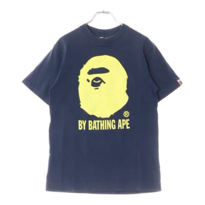 90s 初期タグ シングルステッチ サル プリント クルーネック 半袖Tシャツ カットソー ネイビー/イエロー Bランク