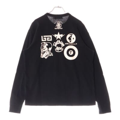BUSY WORKS マルチロゴプリント クルーネック長袖Tシャツ カットソー ブラック Bランク