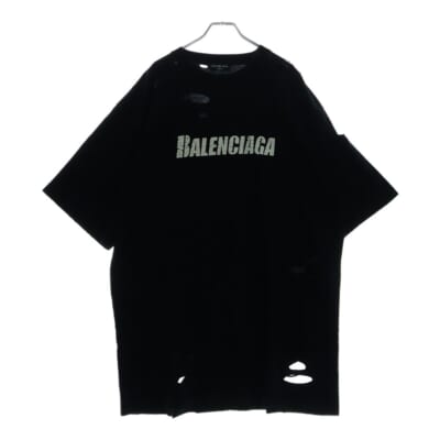 21SS Caps Destroyed Flatground Tee デストロイ加工 ロゴ クルーネック 半袖Tシャツ カットソー ブラック 651795 TKVB8 Bランク