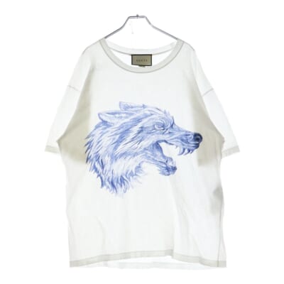 ウルフ ダメージ加工 プリントTシャツ 497060 X3I46 ホワイト Bランク