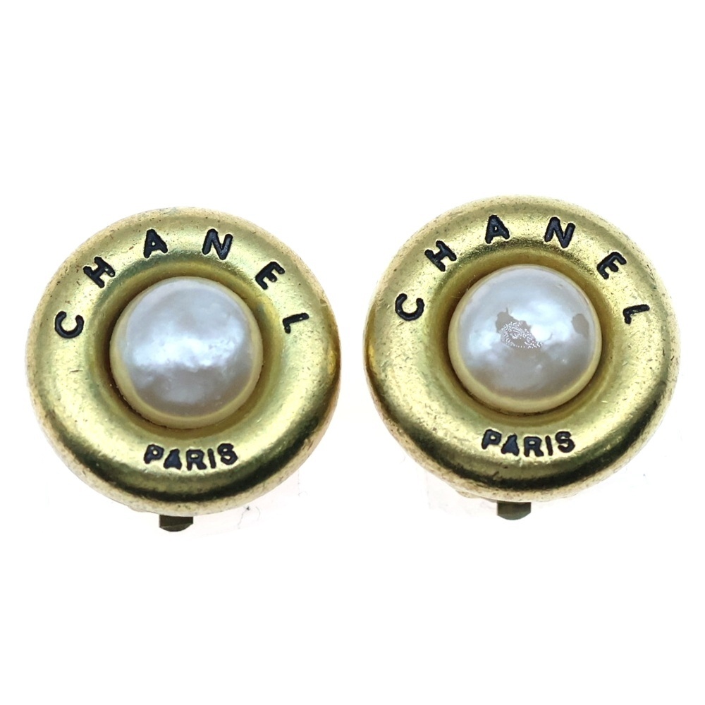 ロゴ フェイクパールイヤリング ゴールド GP ピアス アクセサリー 095P Bランク