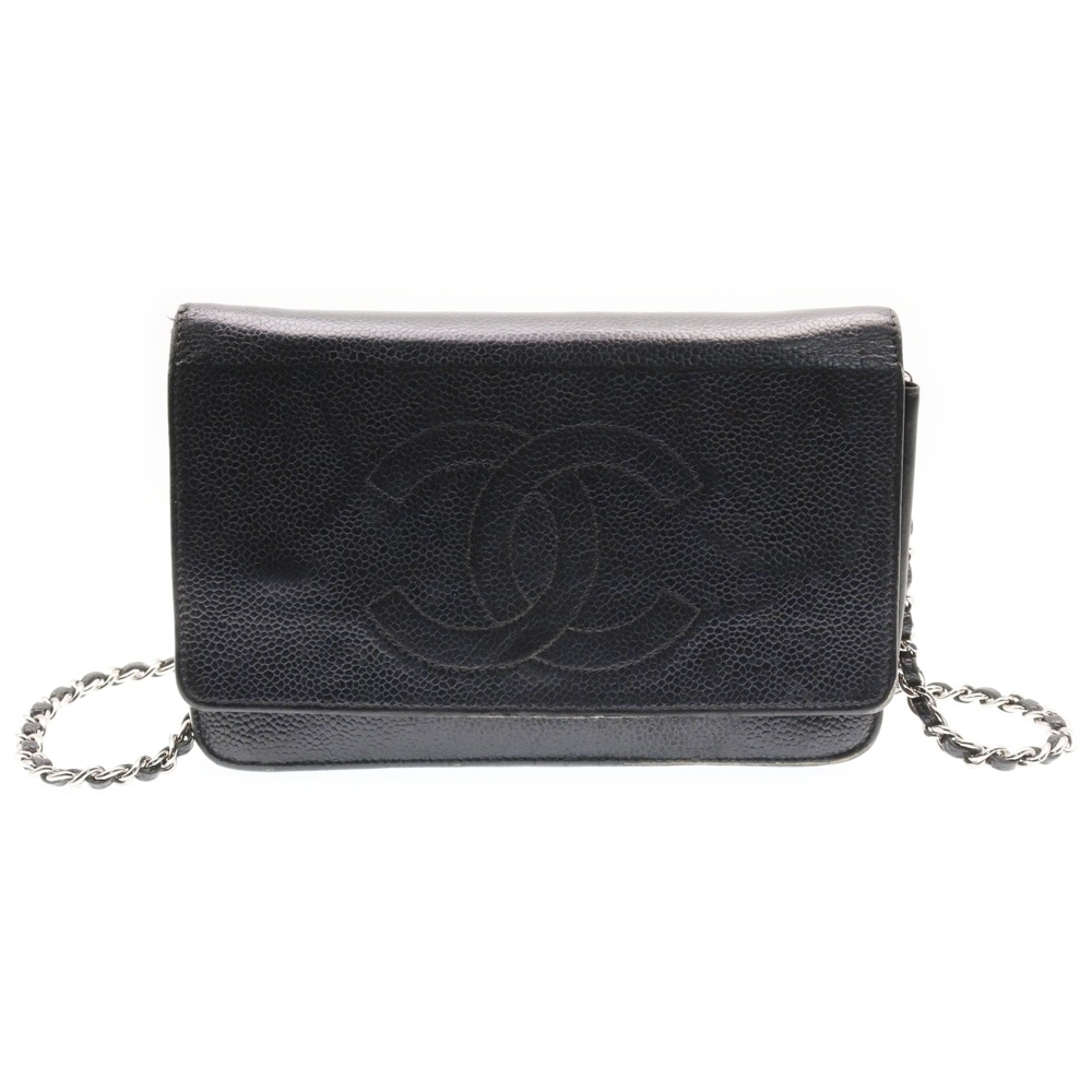 ココマーク チェーンウォレット 黒 キャビアスキン SV金具 Bランク