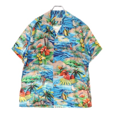 50S VINTAGE PALI HAWAIIAN Style ヴィンテージ パリ ハワイアン スタイル メニュー総柄プリント レーヨン オープンカラー アロハ ハワイアン 半袖シャツ ブルー Bランク