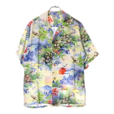 50S VINTAGE Pacific SPORTSWEAR ヴィンテージ 総柄プリント レーヨン オープンカラー アロハ ハワイアン 半袖シャツ ブルー Bランク