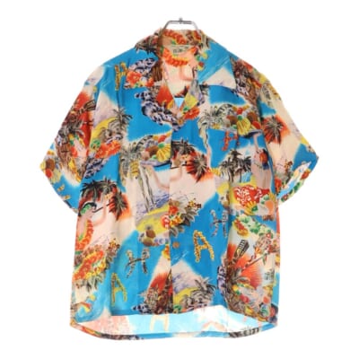 50S VINTAGE IOLANI ヴィンテージ イオラニ マッキントッシュメニュー総柄プリント レーヨン オープンカラー アロハ ハワイアン 半袖シャツ ブルー Bランク