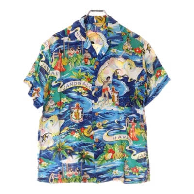 50S VINTAGE 初期タグ Hale Hawaii LAND of ALOHA ハレハワイ ランドオブアロハ 総柄プリント オープンカラー アロハ ハワイアン 半袖シャツ ブルー Bランク