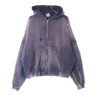 25SS ZIP UP HOODIE DOUBLE FACE ジップアップフーディー ダブル フェイス ダメージ加工 パーカー ネイビー SM-HR8-0000-054 Aランク
