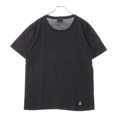 フロントパッチデザイン バックプリント クルーネック 半袖Tシャツ カットソー ブラック Bランク