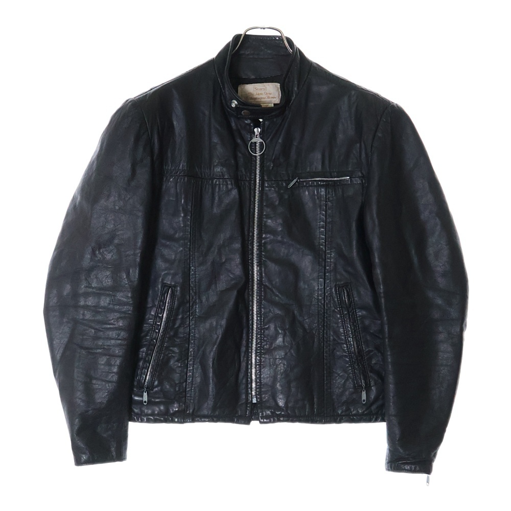 70S VINTAGE SEARS ヴィンテージ シアーズ シングルライダース ジップアップレザージャケット ブラック Bランク