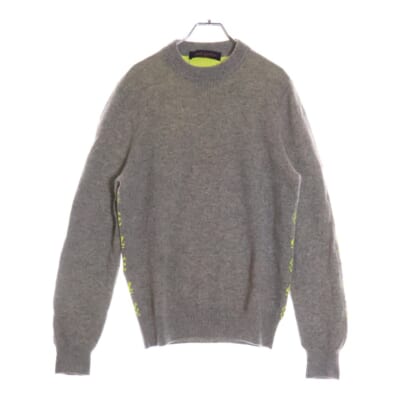 18AW カシミヤ バックネオンモノグラム クルーネック 長袖ニット セーター グレー/イエロー RM182M GVG HFN14W Bランク