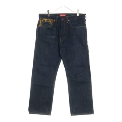 12AW ×SUPREME 505 JEANS LEOPARD USA製 レオパードポケット オレンジタブ スモールe ボタン裏4527 ジップフライ デニムパンツ インディゴ 00505-1001 Bランク