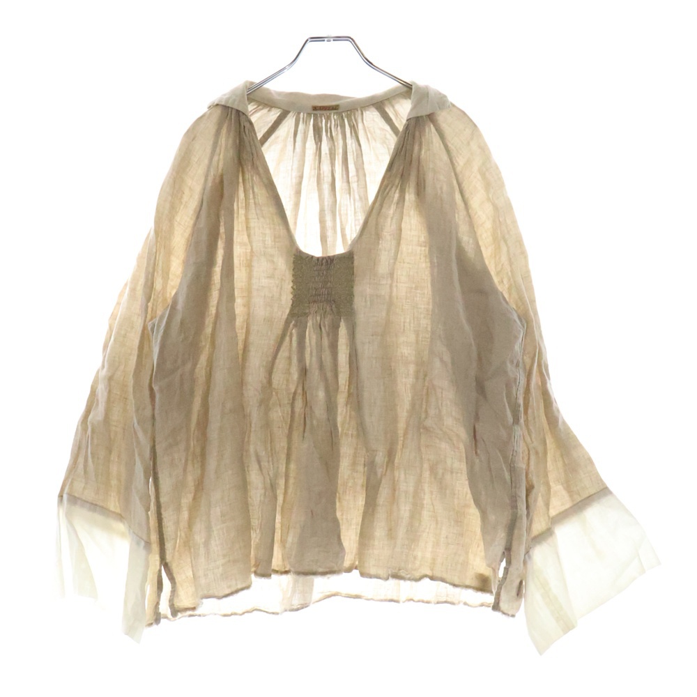 ラミーブロードギャザー7分丈ブラウス 裾リネン切り替え ベージュ Bランク