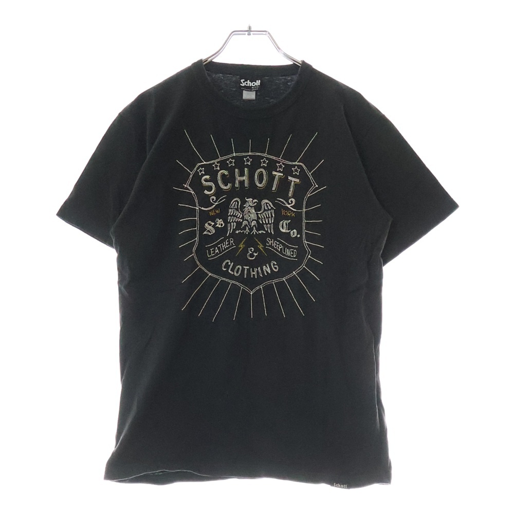 ロゴ刺繍 クルーネック半袖Tシャツ カットソー ブラック Cランク