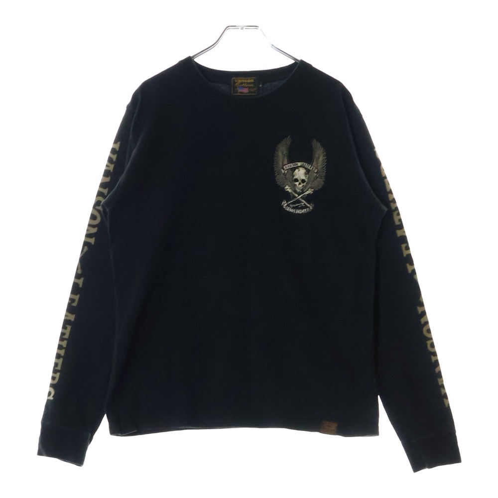 スカル刺繍 袖ロゴプリント クルーネック長袖Tシャツ カットソー ブラック Bランク