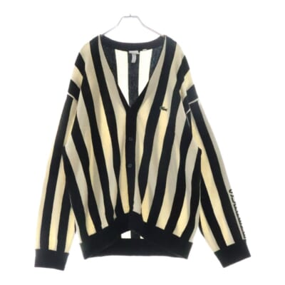 19AW ×LACOSTE L!VE Stripe Cardigan ラコステ ライブ ロゴ刺繍 ストライプニットカーディガン ブラック/ホワイト Bランク