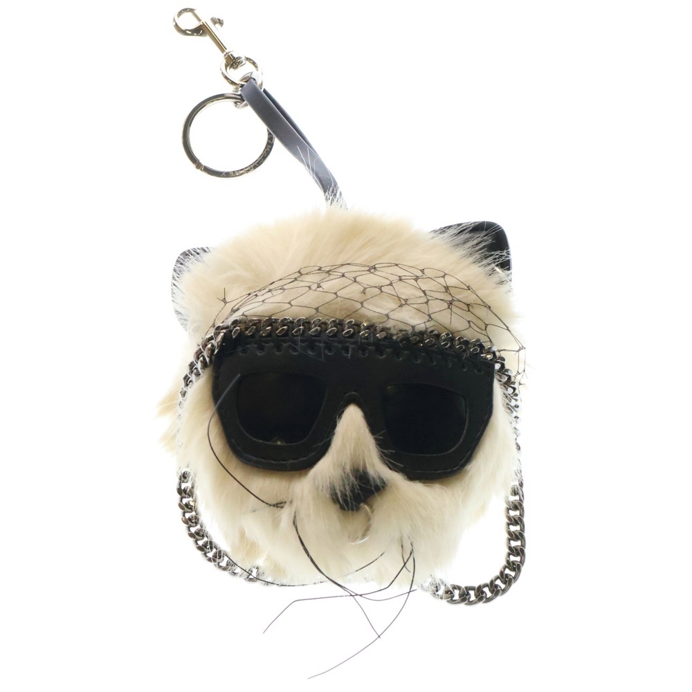 バッグチャーム キャット ファー ホワイト×ブラック キーホルダー Bランク