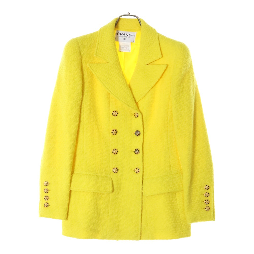 96AW ヴィンテージ グリポア ココマークボタン ダブルブレスト 裾チェーン アルパカ混 ウール テーラードジャケット イエロー レディース P08286V05067 Bランク