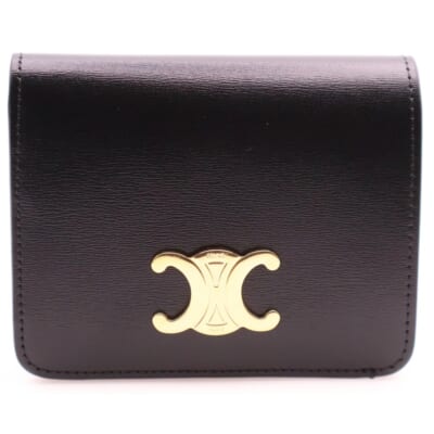 トリオンフ ロゴプレート レザー コンパクトウォレット 二つ折り財布 ゴールド金具 ブラック 10K62 Sランク