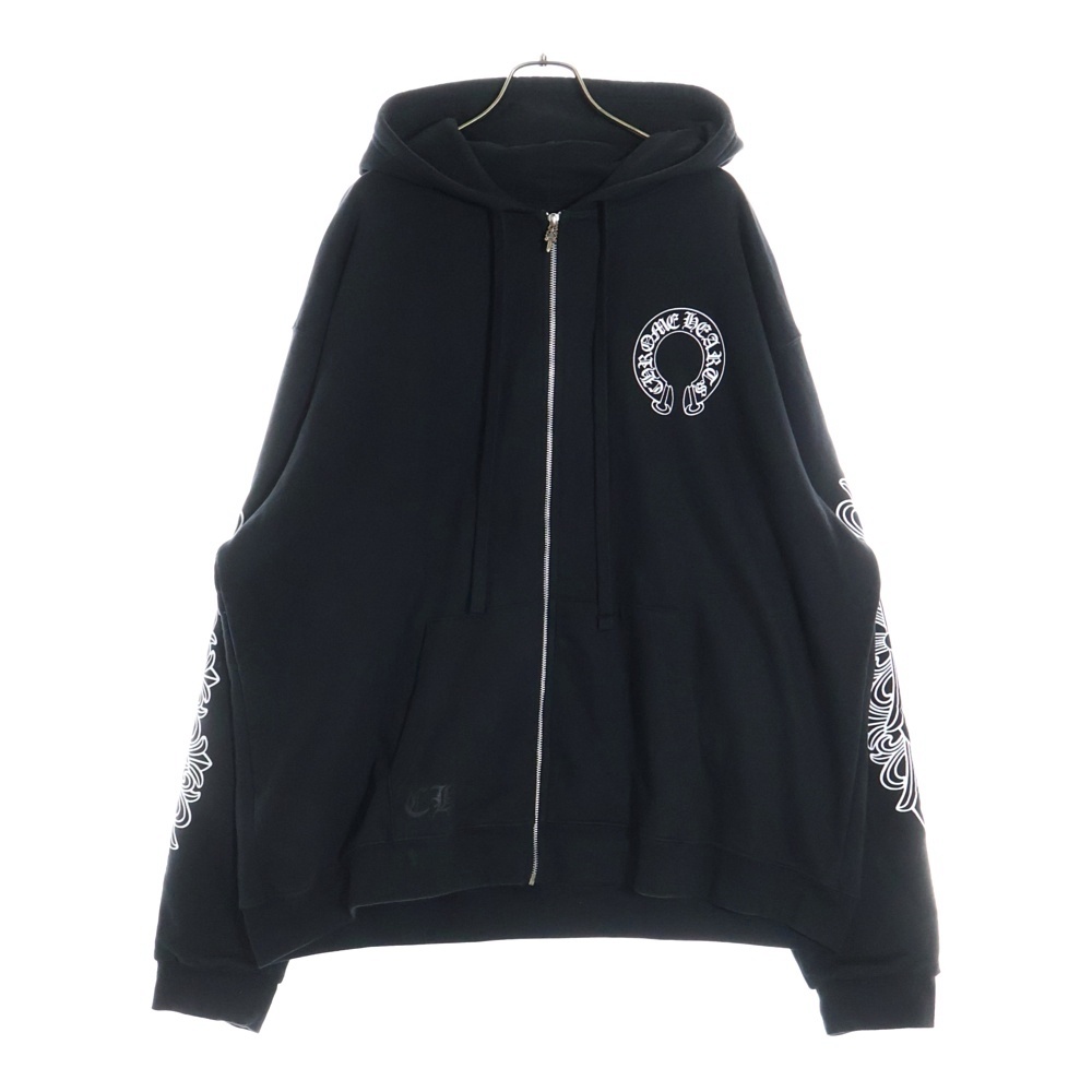 SWTSHRT HD ZIP 袖フローラル バックホースシュープリント 裏地サーマルジップアップフーディーパーカー ブラック Aランク