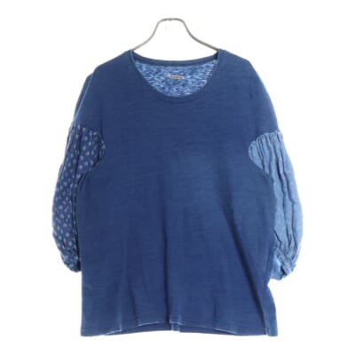 アーム異素材切替 クルーネック 七分丈シャツ ミディアムスリーブ インディゴブルー レディース Bランク