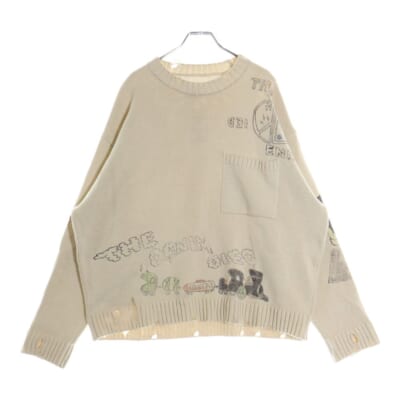 25SS Distressed Printed Cotton Sweater 5G綿ニット メモリアルペイント クルーネックニットセーター アイボリー K2503KN085 Bランク