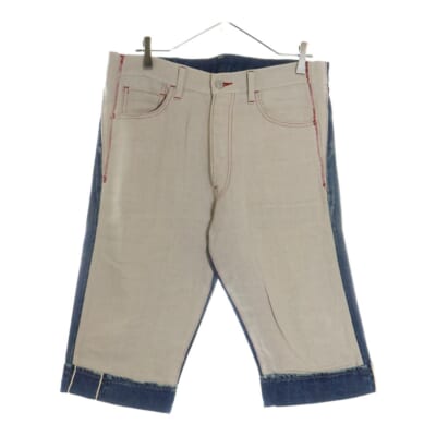 08SS AD2007 ×LEVI'S リーバイス パッチワーク 革パッチ ボタンフライ ハーフデニムパンツ インディゴ/ベージュ WA-P203 Bランク