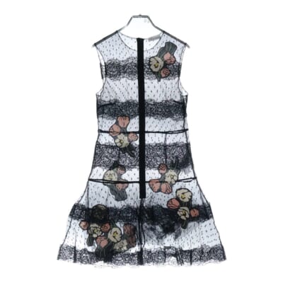 チュール シアー レース エンブロイダリー フローラル ノースリーブ ドレス ワンピース レディース ブラック PR3VA6531GK Bランク