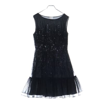 スパンコール エンブロイダリー ギャザー チュール ノースリーブ ドレス ワンピース レディース ブラック Bランク
