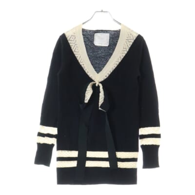 テープドッキング レースデザイン Vネック長袖ニット ブラック×ホワイト レディース 07-00695 Bランク