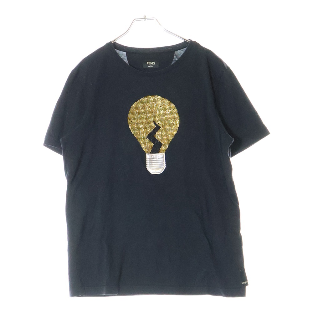 ラインストーン電球プリント半袖カットソー 半袖Tシャツ ブラック Bランク