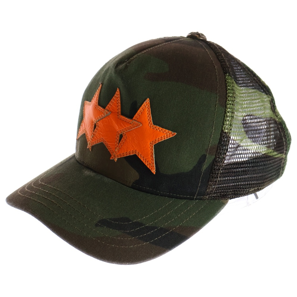 3スター パッチ カモフラ 迷彩 メッシュキャップ 帽子 グリーン/オレンジ Bランク