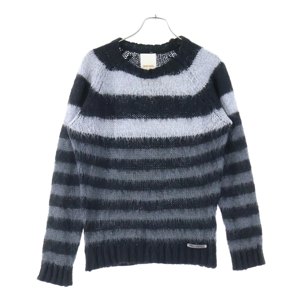 ロゴタグ付 ボーダー クルーネック ニット セーター ブラック/グレー Bランク