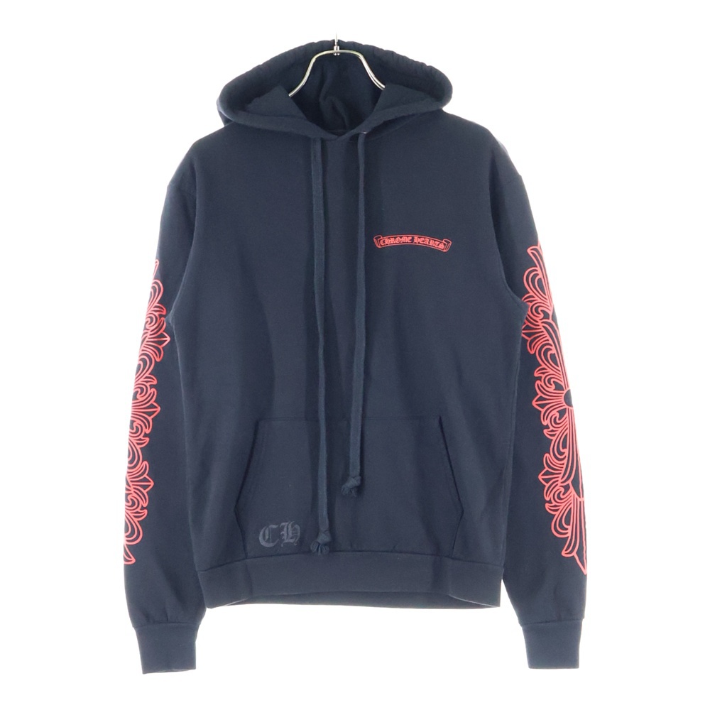 HORSESHOE PULLOVER HOODIE バックホースシューブラックプリント 袖フローラルクロスレッドプリント プルオーバーパーカー Bランク