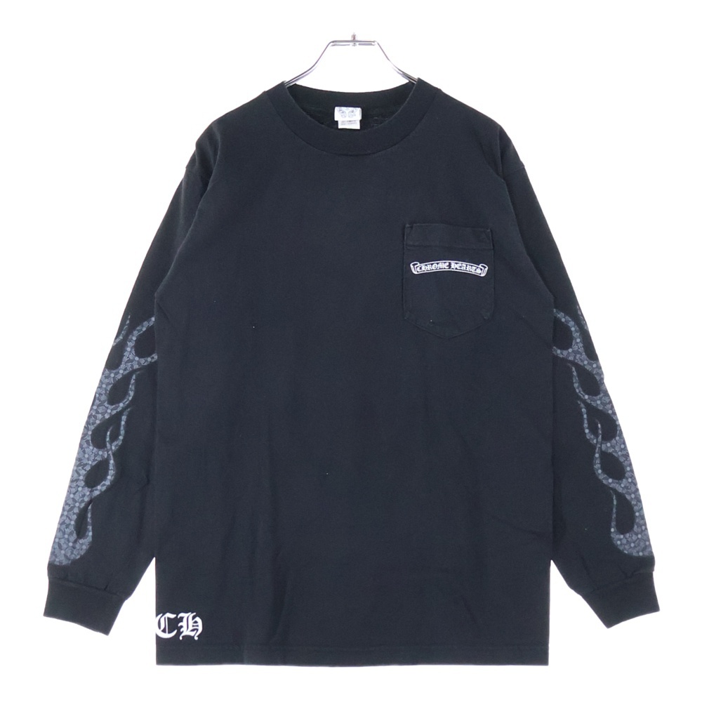 CH PLUS 袖CHプラス総柄プリント クルーネック 長袖Tシャツ ブラック Bランク