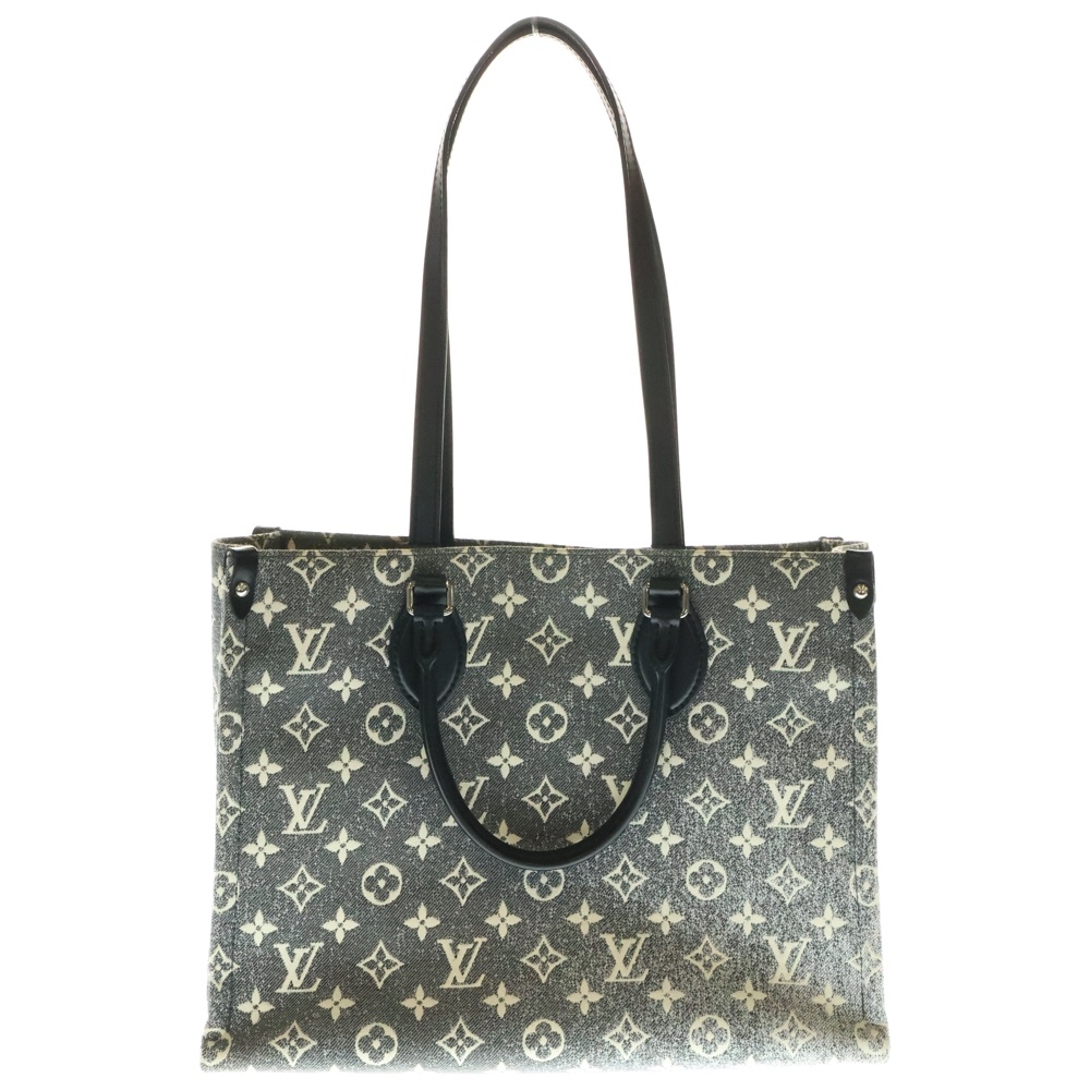 モノグラムジャガードデニム オンザゴーMM トートバッグ ハンドバッグ ブラック×グレー デニム×レザー シルバー金具 M46448 Aランク