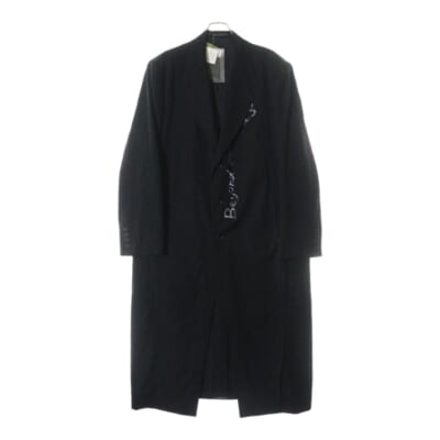 23SS 心しずかに… シワギャバダブルレイヤードコート メッセージプリントロングコート HZ-J12-100-2 ブラック Bランク