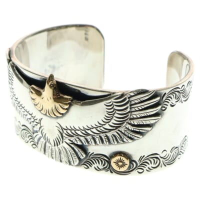 K18 台付き太陽神付き 頭金 中イーグル付き 唐草 カスタム バングル ブレスレット シルバー/ゴールド Bランク