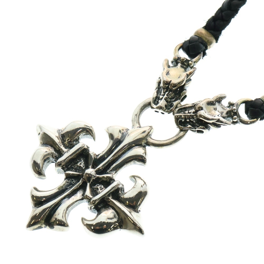 PLUS WITH 2 GARGOYLES WITH BRAIDED LEATHER プラス クロス 2ガーゴイルズ ブレイデッドレザー ネックレス シルバー Bランク