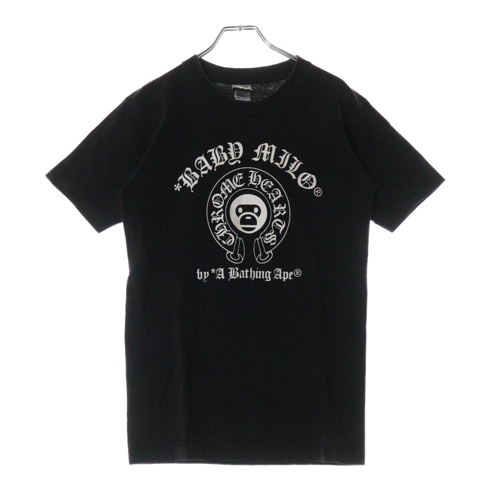 ×A BATHING APE BABY MILO TEE アベイジング エイプ コラボ フロント ホースシューロゴプリント クルーネック コットン 半袖Tシャツ カットソー ブラック Sランク