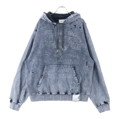 24AW CAT PRINTED BLEACHED HOODIE キャット プリント ブリーチ パーカー ブラック A13HD551 Bランク
