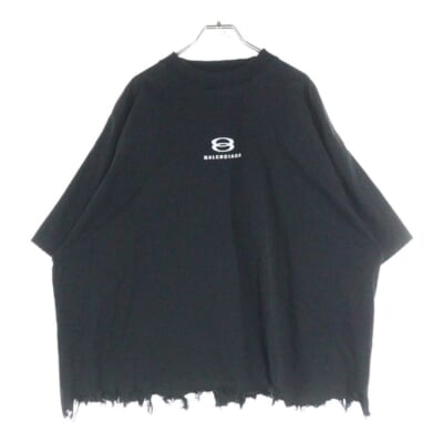 24SS ロゴ刺繍 デストロイ加工 クルーネック 半袖Tシャツ カットソー ブラック 783399 TLVF9 Aランク