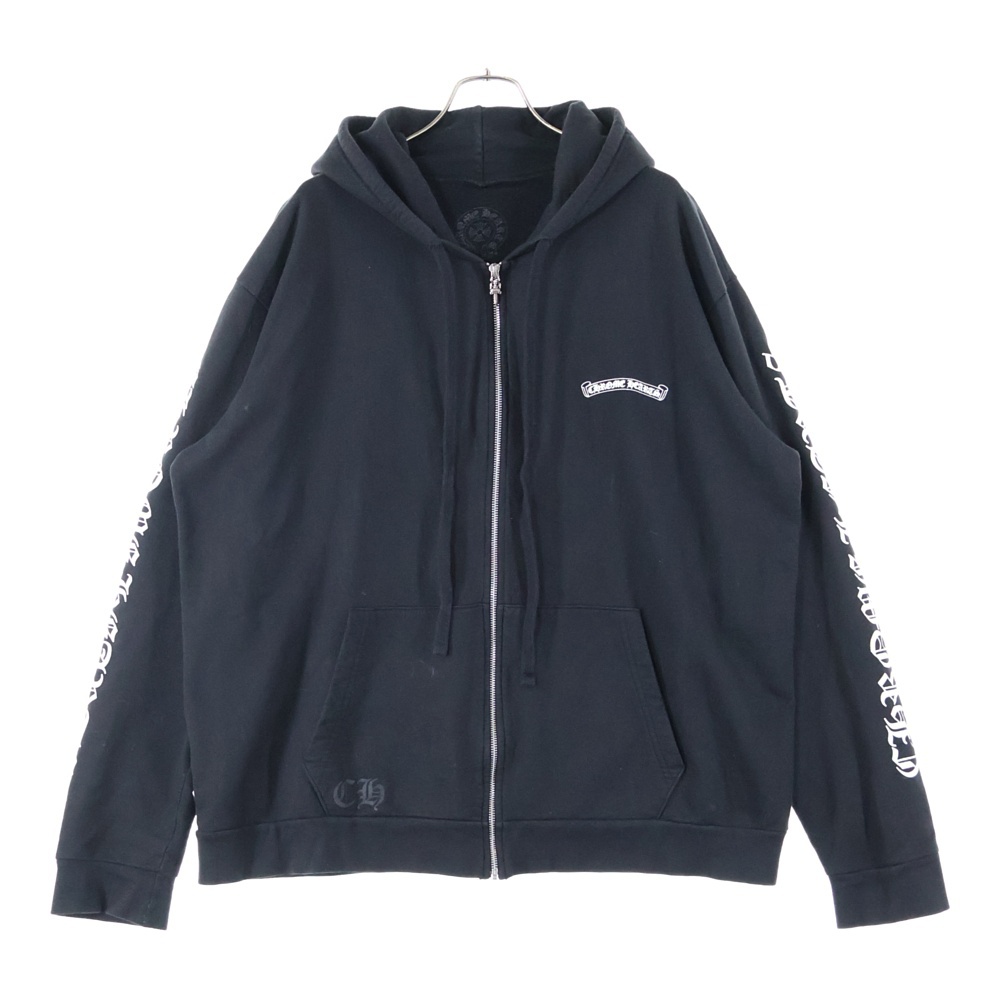 Zip Up Hoodie バックスクロール 袖ロゴプリント ジップアップフーディー パーカー ブラック Bランク