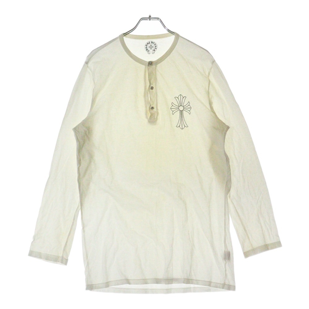 CHクロスプリント クロスボールボタン付き ヘンリーネック長袖Tシャツ ホワイト Cランク