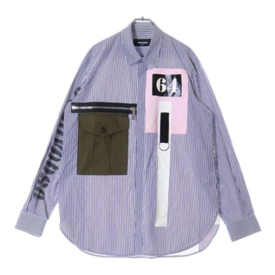 スプレーロゴ パッチワーク ストライプ長袖シャツ ブルー S74DM0199 S42342 Bランク