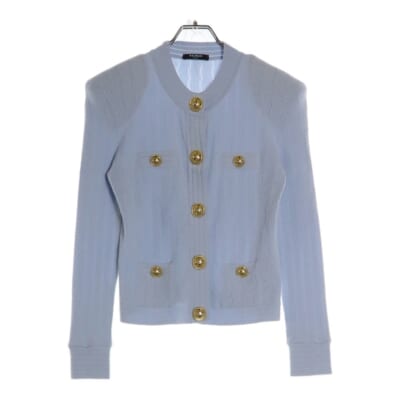 ゴールドボタン ビスコース ノーカラー ニットジャケット カーディガン ライトブルー レディース Aランク