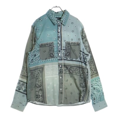 バンダナ ペイズリー総柄プリント 刺繍デザイン レギュラーカラー ロングスリーブ 長袖シャツ ライトブルー Bランク