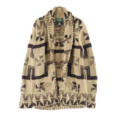 90S VINTAGE ヴィンテージ ネイティブ柄 コンチョボタン シルク混 ウール ハンドニット ショールカラージャケット カーディガン ブラウン Bランク