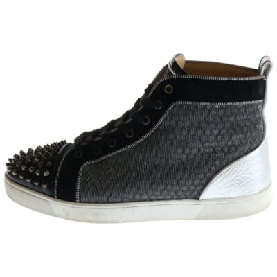 LOU SPIKES スパイクスタッズ エナメル パテントレザー スウェード レースアップ ハイカットスニーカー シューズ ブラック/シルバー Bランク