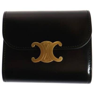 トリオンフ ロゴプレート スモールフラップ レザー コンパクトウォレット 三つ折り財布 ゴールド金具 ブラック Sランク